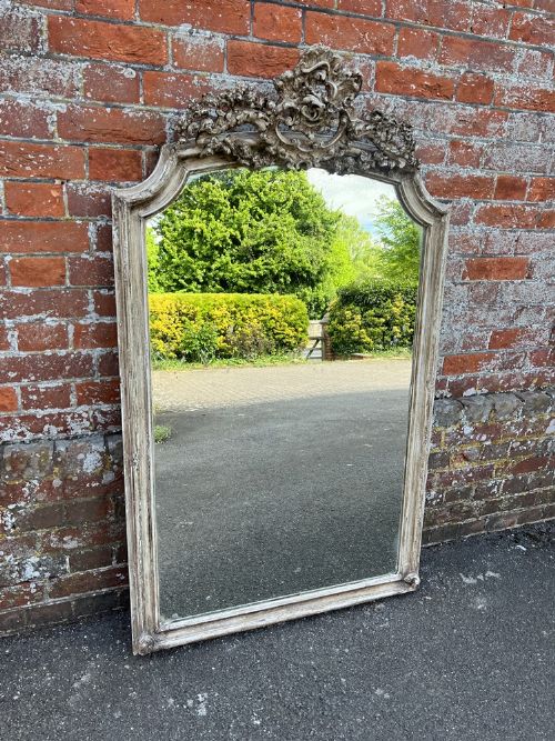 A Superb Large Antique French 19th Century Carved Wood & Gesso Shaped Top Painted Mirror.