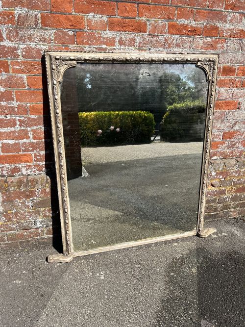 A Delightful Highly Useful Size Antique English 19th Century Carved Wood & Gesso Painted Overmantle Mirror.