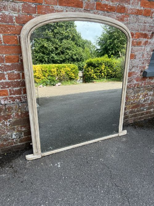 A Wonderful Large Antique English 19th Century Carved Wood Arched Top Painted Overmantle Mirror.