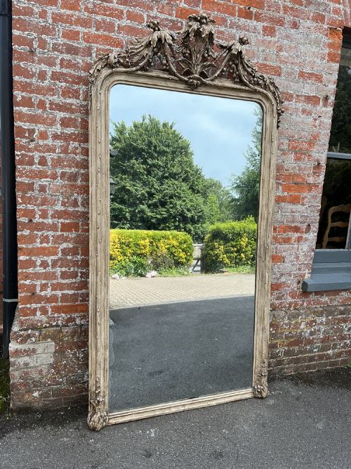 A Spectacular Large Highly Unusual Antique French 19th Century Carved Wood & Gesso Arched Top Painted Mirror.