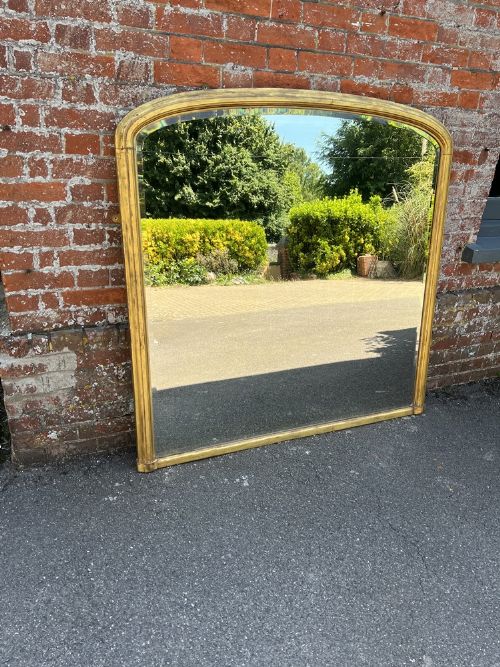A Stunning Large Antique English 19th C Carved Wood & Gesso Arched Top Gilt Overmantle Mirror.