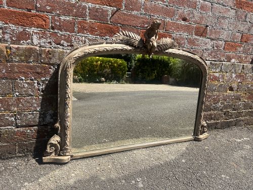 A Delightful Highly Useful Size Antique English 19th Century Carved Wood & Gesso Arched Top Painted Overmantle Mirror.