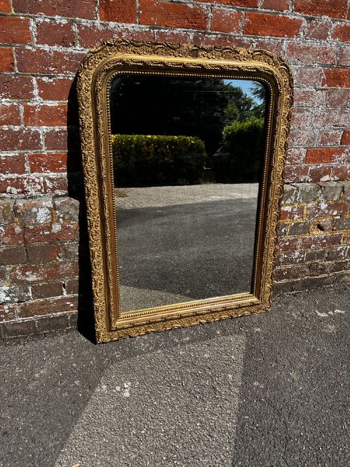 A Superb Highly Useful Size Antique French 19th Century Carved Wood and Gesso Arched Top Gilt Mirror.