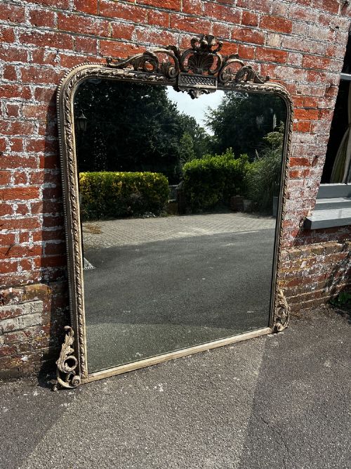 A Spectacular Large Antique English 19th C Carved Wood & Gesso Arched Top Painted Ribbed Framed Overmantle Mirror.