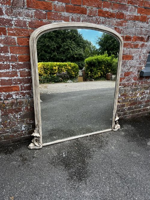 A Wonderful Large Antique English 19th Century Carved Wood & Gesso Arched Top Painted Overmantle Mirror.