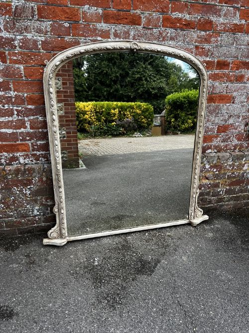 A Stunning Large Antique English 19th Century Carved Wood & Gesso Painted Overmantle Mirror.