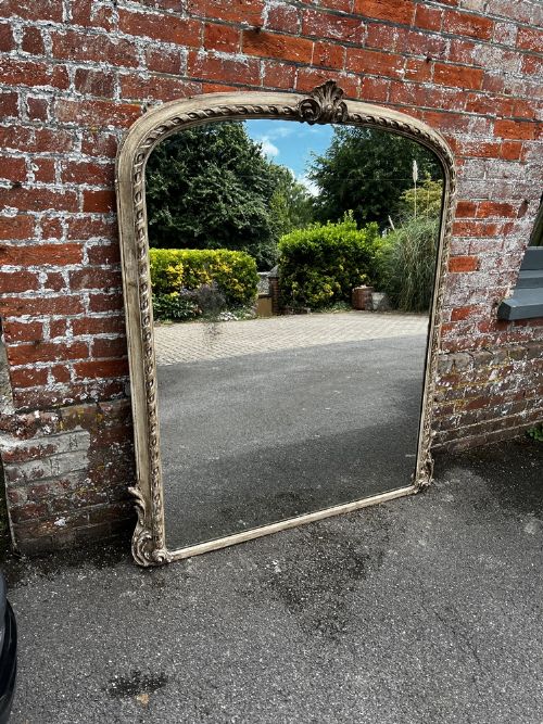 A Spectacular Large Antique English 19th Century Carved Wood & Gesso Arched Top Painted Ribbed Framed Overmantle Mirror.