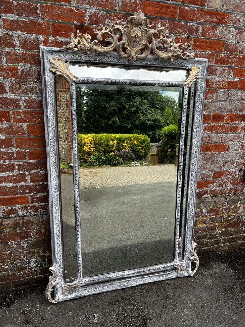AN EXCEPTIONAL LARGE ANTIQUE FRENCH 19TH CENTURY CARVED WOOD GESSO PAINTED GILT CUSHION MIRROR