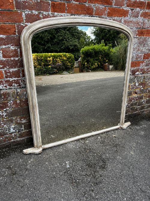 A Wonderful Good Size Antique English 19th Century Carved Wood & Gesso Arched Top Painted Overmantle Mirror.