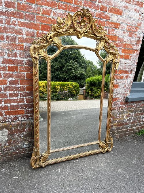 A Spectacular Large Antique French 19th Century Carved Wood & Gesso Original Gilt Shaped Top Cushion Mirror.
