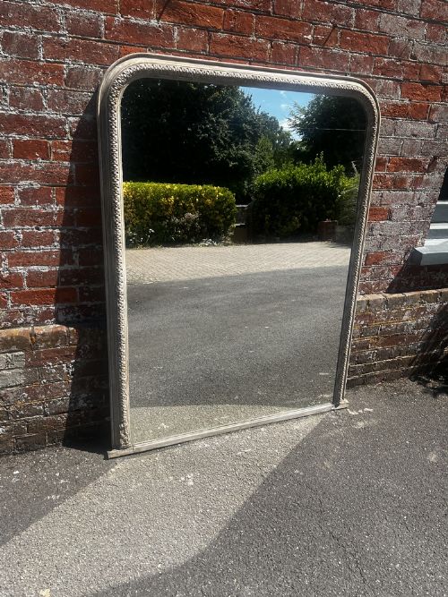 A Fabulous Large Antique English 19th Century Carved Wood &Gesso Arched Top Painted Overmantle Mirror.