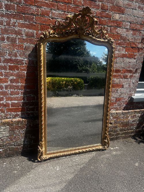 A Stunning Large Antique French 19th Century Caved Wood & Gesso Shaped Top Original Gilt Mirror.
