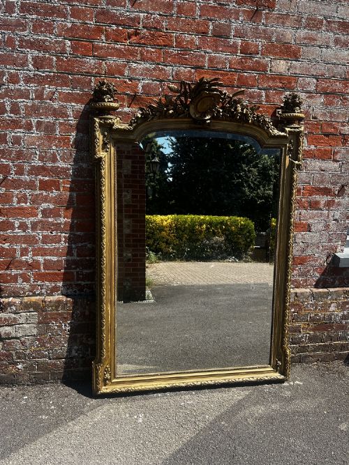 An Exceptional Large Antique French 19th Century Carved Wood & Gesso Original Gilt Shaped Top Mirror.