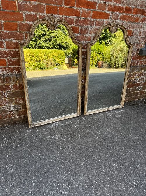 A Wonderful Pair of Early 20th Century French Carved Wood & Gesso Painted Shaped Top Mirror.
