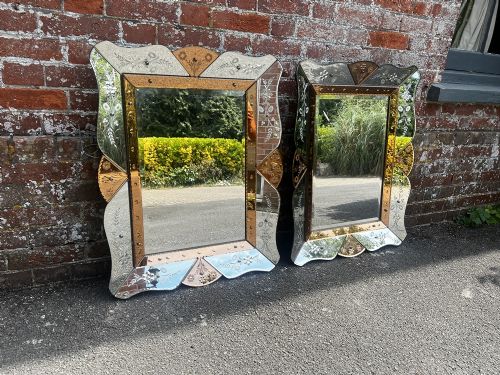 An Exceptional Pair of Early 20th Century French Etched Glass Coloured Art Deco Shaped Framed Mirror.