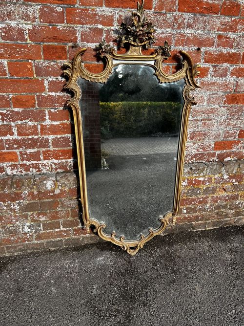 A Spectacular Good Size Antique Italian Carved Wood Original Painted & Gilt Shaped Mirror,
