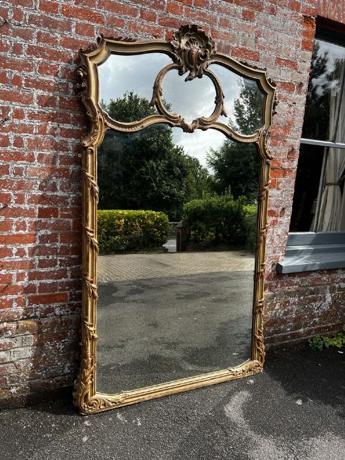 A Spectacular Large Antique French 19th C Carved Wood Original Gilt & Painted Leaf Framed Sectioned Shaped Top Mirror.