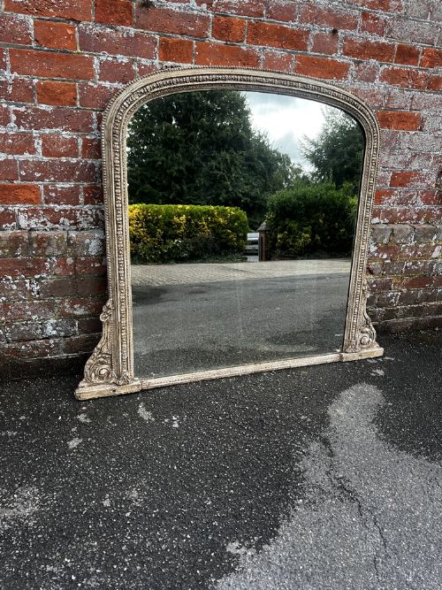 A Superb Good Size Antique English 19th C Carved Wood & Gesso Arched Top Painted Overmantle Mirror.