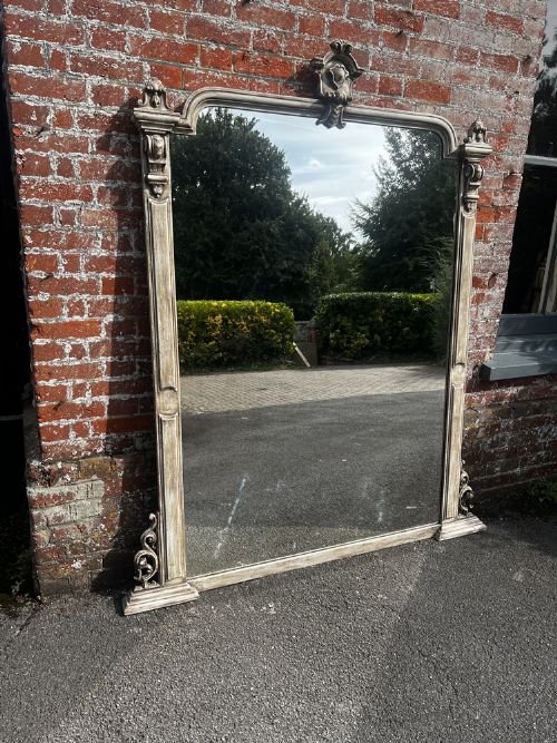 An Exceptional Large Antique English 19th Century Carved Wood Painted Shaped Top Overmantle Mirror.