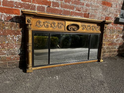 A Highly Useful Size Antique English 19th Century Carved Wood & Gesso Gilt Twist Column Framed Overmantle Mirror.