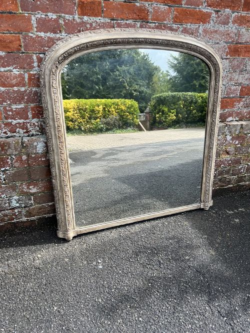 A Delightful Highly Useful Size Antique English 19th Century Carved Wood & Gesso Arched Top Painted Overmantle Mirror.