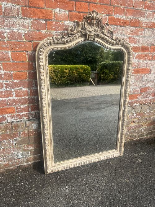 A Stunning Large Antique French 19th Century Carved Wood & Gesso Shaped Top Painted Mirror.