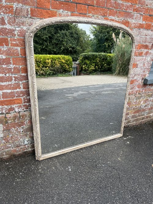 A Wonderful Large Antique English 19th Century Carved Wood & Gesso Arched Top Painted Overmantle Mirror.