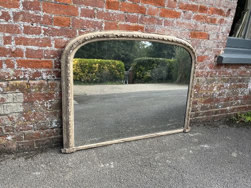 A Fabulous Good Size Antique English 19th Century Carved Wood & Gesso Arched Top Painted Overmantle Mirror.
