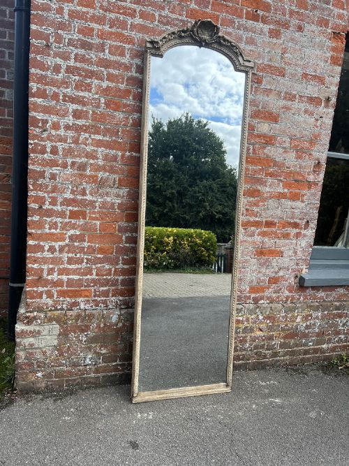 A Wonderful Large Antique French 19th Century Carved Wood & Gesso Shaped Top Painted Pier Mirror.