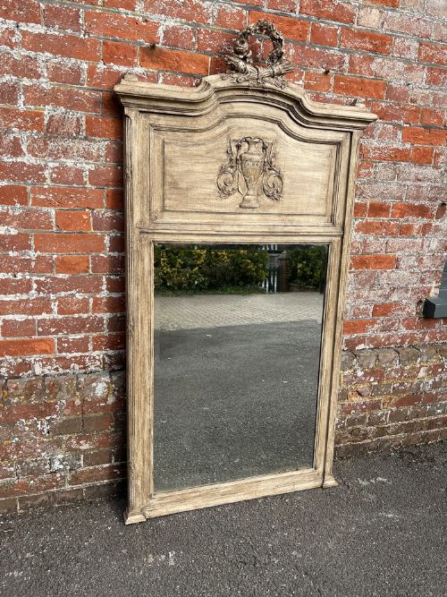 A Superb Large Antique French 19th Century Carved Wood Shaped Top Painted Mirror.