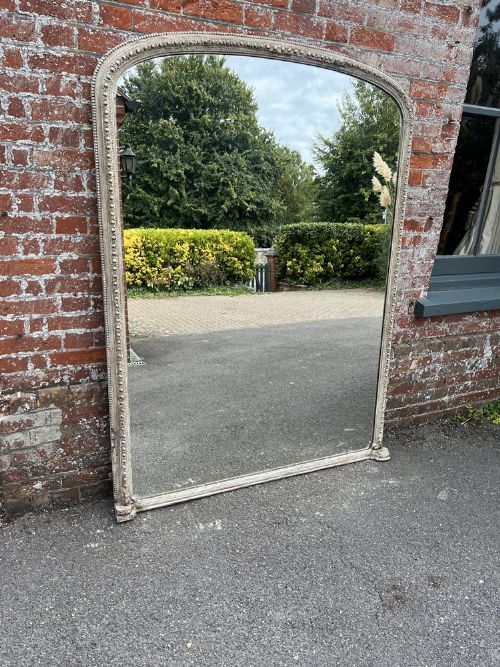 A Stunning Large Antique English 19th Century Carved Wood & Gesso Arched Top Painted Overmantle Mirror.