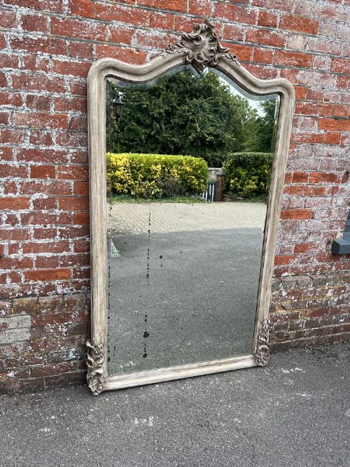 A Spectacular Large Antique French 19th Century Carved Wood Painted Shaped Top Mirror.