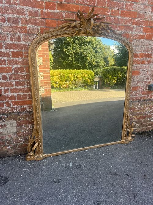 An Exceptional Large Antique English 19th Century Carved Wood & Gesso Rope Twist Framed Arched Gilt Overmantle Mirror.