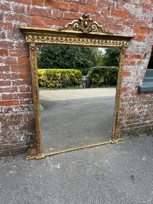 A Stunning Large Antique English 19th C Carved Wood & Gesso Gilt Framed Overmantle  Mirror.