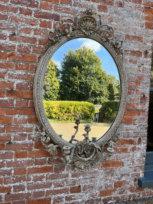 An Exceptional Large Antique French 19th Century Carved Wood & Gesso Oval Girandole Mirror.