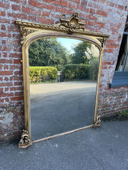 A Spectacular Large Antique English 19th Carved Wood & Gesso Original Gilt Overmantle Mirror.
