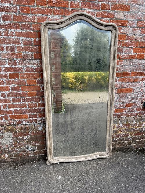 A Stunning Large Antique French 19th Century Carved Wood Shaped Top Painted Mirror.