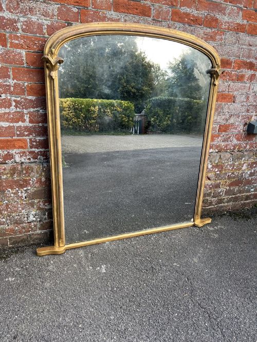 A Stunning Large Antique English 19th Century Carved Wood & Gesso Arched Top Original Gilt Overmantle Mirror.