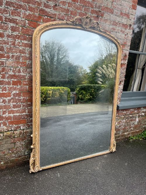 An Exceptional Large Antique French 19th Century Carved Wood & Gesso Arched Top Original Gilt Mirror.