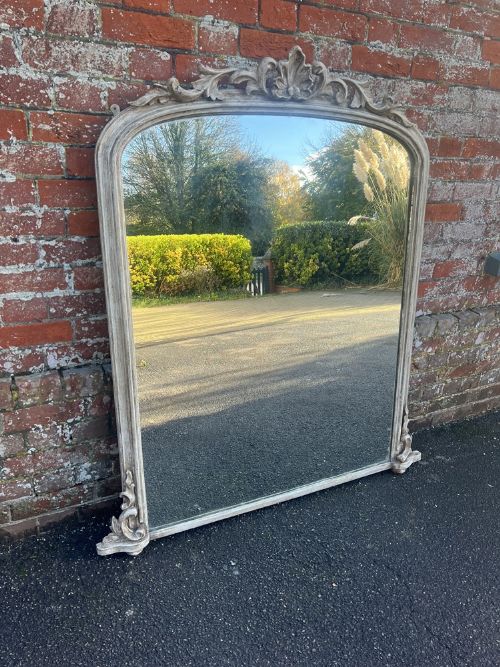 A Superb Large Antique English 19th C Carved Wood & Gesso Arched Top Painted Overmantle Mirror.