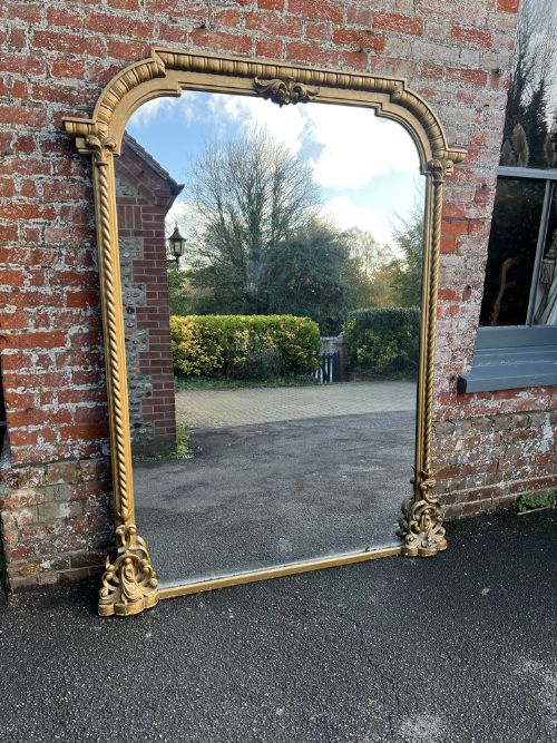 A Spectacular Large Antique English 19th C Carved Wood & Gesso Ornate Shaped Top Gilt Overmantle Mirror.