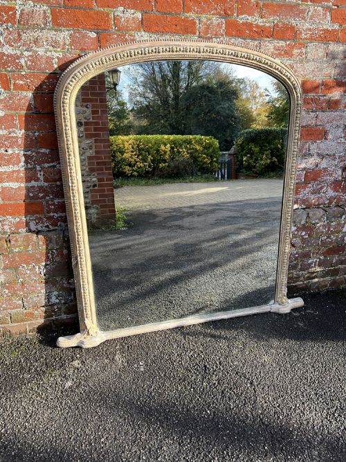 A Delightful Large Antique English 19th Century Carved Wood & Gesso Original Painted & Gilt Arched Top Overmantle Mirror.