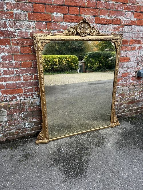 A Stunning Large Antique English 19th Century Carved Wood & Gesso Gilt Overmantle Mirror.