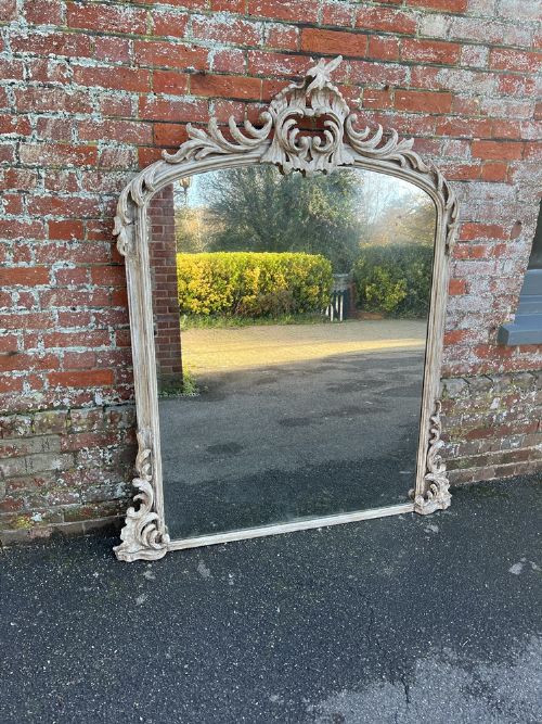 A Spectacular Large Antique English 19th Century Carved Wood Painted Arched Top Overmantle Mirror.
