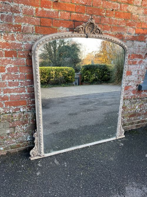 A Spectacular Large Antique English 19th Century Carved Wood & Gesso Arched Top Painted Overmantle Mirror.