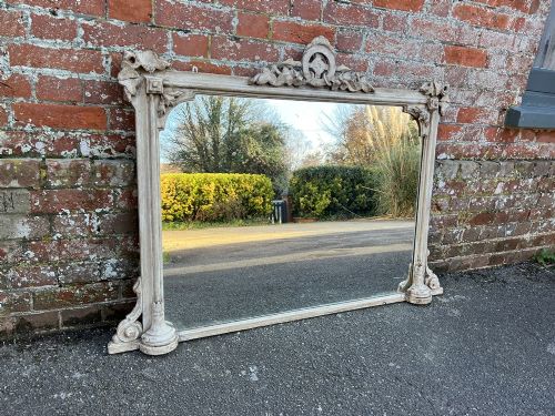 A Superb Good Size Antique English 19th Century Carved Wood & Gesso Painted Overmantle Mirror.