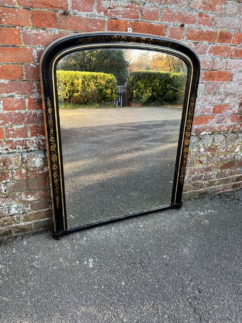 An Exceptional Highly Useful Size Antique English 19th Century Black & Gilt Painted Arched Top Overmantle Mirror.