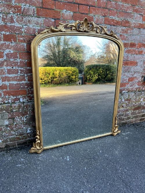 A Superb Large Antique English 19th Century Carved Wood & Gesso Arched Top Gilt Overmantle Mirror