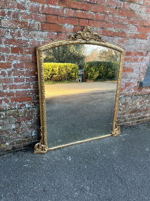 A Wonderful Large Antique English 19th Century Carved Wood & Gesso Shape Top Gilt Overmantle Mirror