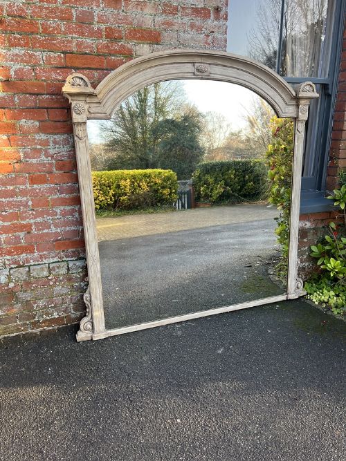 A Spectacular Large Antique English 19th Century Carved Wood Painted Arched Top Mirror.